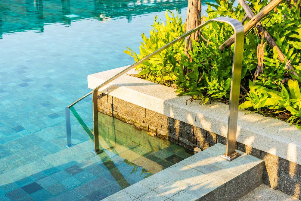 Steps leading into a swimming pool.